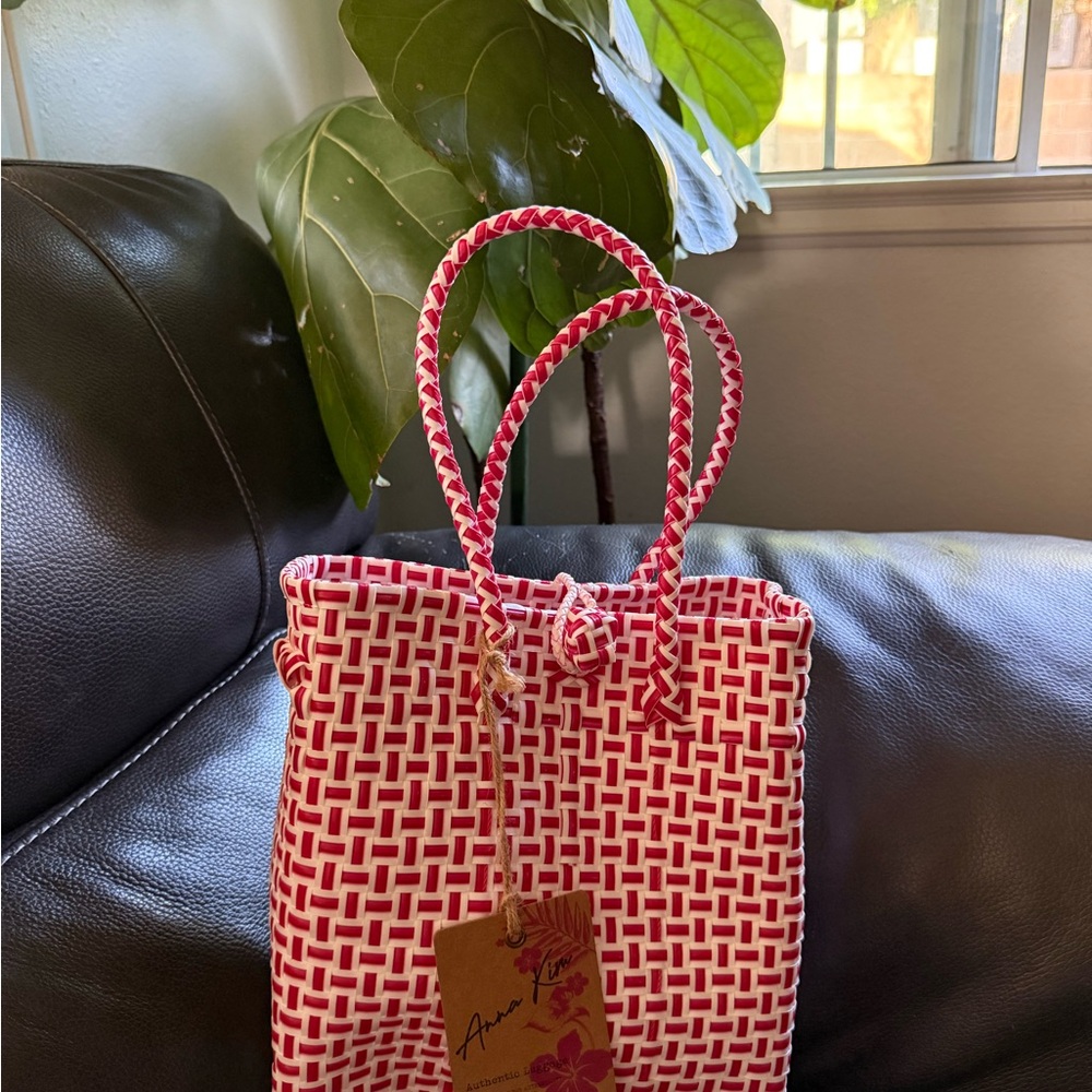 Red and White Woven Tote Bag Stylish & durable